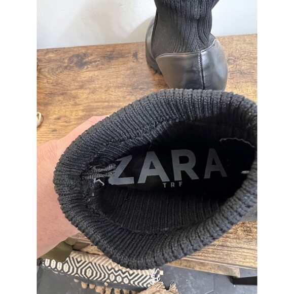 Zara Track Sole Black Sock Boot Size 38 Moto Combat Boots Slip On Heeled - Picture 11 of 16